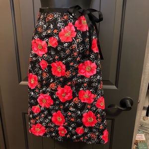 Lapis Red Floral Skirt w/ Ribbon Waist & Zip Side